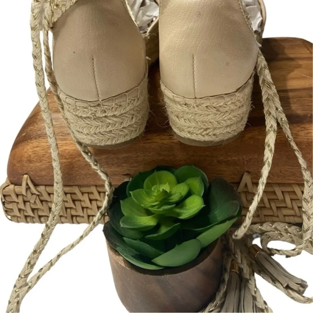 Nanette‎ Lepore Bitsy Cream and Gold Woven Platform Ankle Tie Espadrille